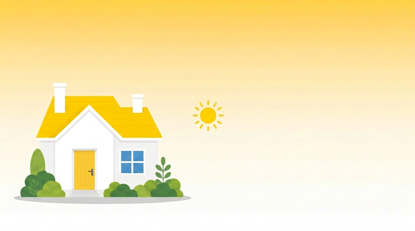 Flat illustration of a house with yellow roof, blue window, and bushes under a sun